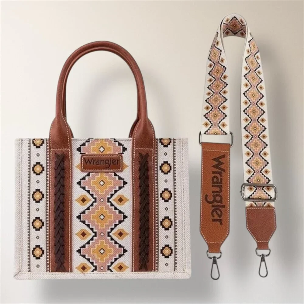 New‎ Wrangler Aztec Canvas Tote Crossbody Bag Coffee Brown Southwestern Purse